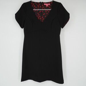 Betsey Johnson black v-neck shift dress cherry Inner lining Corporate Goth 6